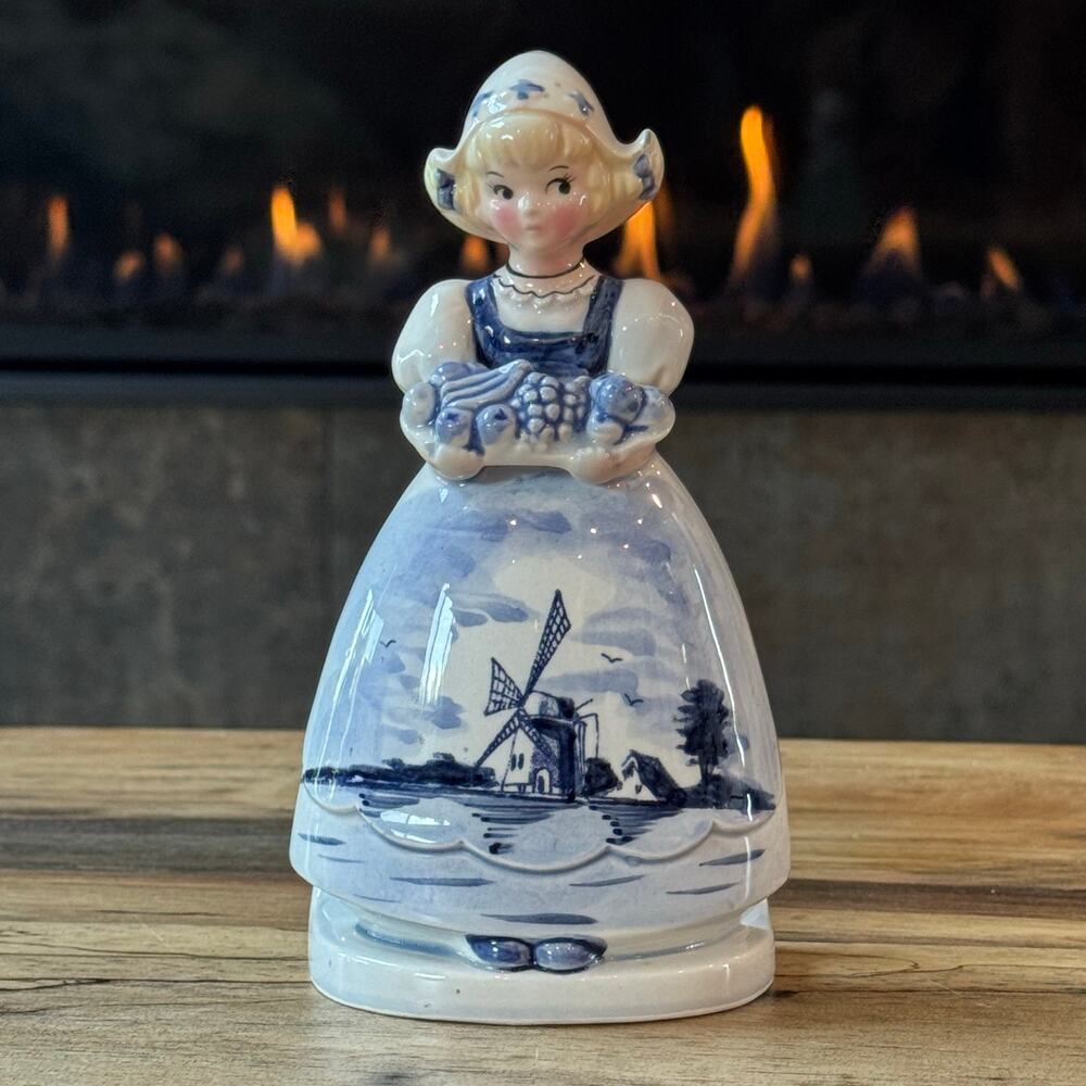 Vintage Delft Style Dutch Girl Napkin Holder Ceramic Made In Japan Windmill 6.5”